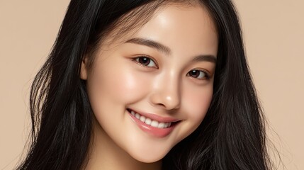 Fototapeta premium Portrait of a young Asian woman with flawless skin and natural makeup, glowing under soft natural light, representing beauty, skincare, and healthy self-care lifestyle