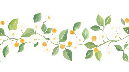 Delicate floral border with white blossoms and green leaves.