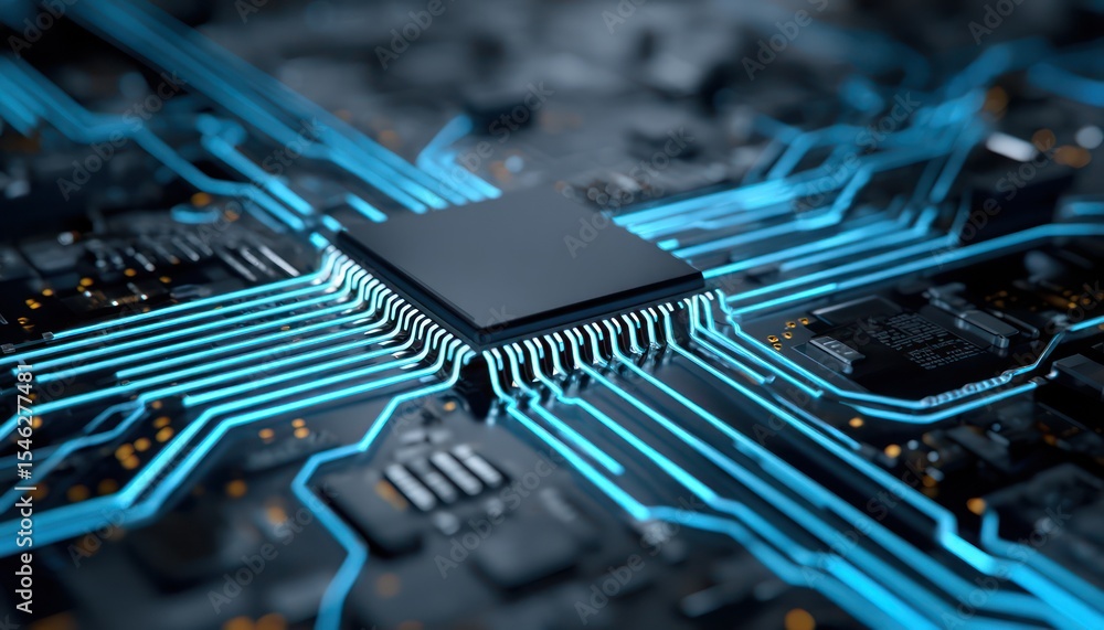 Aufkleber advanced microchip technology with glowing blue connections for modern computing