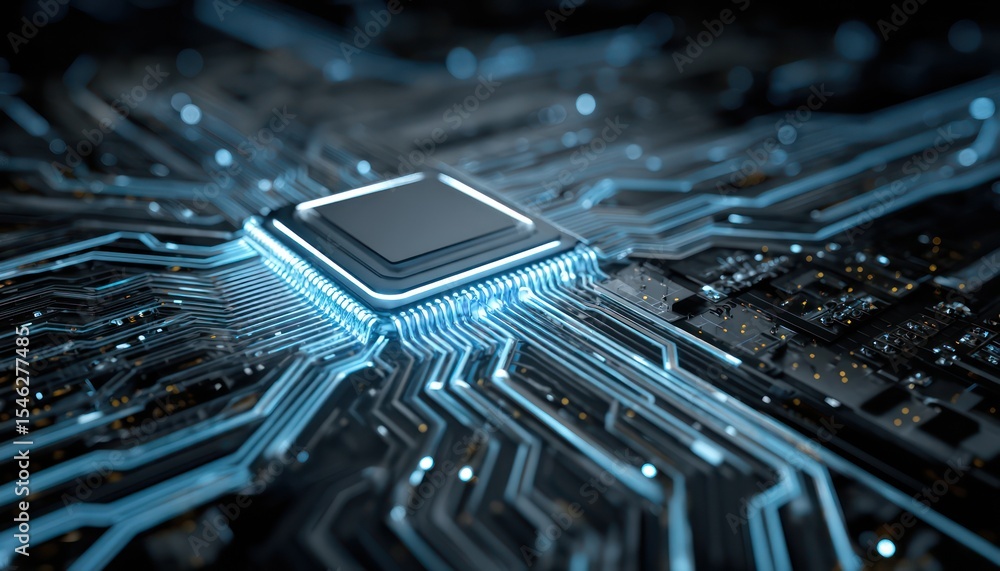 Poster illuminated technology: advanced microchip and circuit board close-up rendering