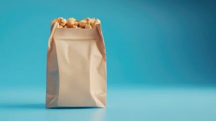 fresh food in a paper bag for products 3d render on blue gradient