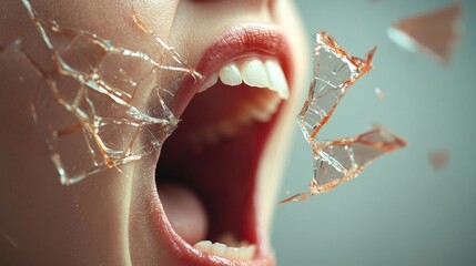 A mouth shouting with broken glass shards flying outward, symbolizing harsh or hurtful words.