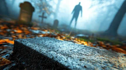 Naklejka premium A misty graveyard with fallen leaves, tombstones, and a shadowy figure standing in the foggy background.