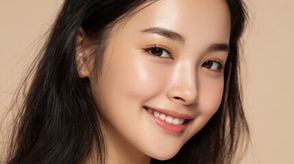 Obraz premium Portrait of a young Asian woman with flawless skin and natural makeup, glowing under soft natural light, representing beauty, skincare, and healthy self-care lifestyle