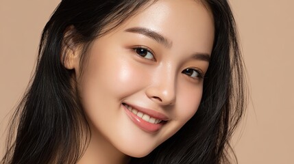 Obraz premium Portrait of a young Asian woman with flawless skin and natural makeup, glowing under soft natural light, representing beauty, skincare, and healthy self-care lifestyle