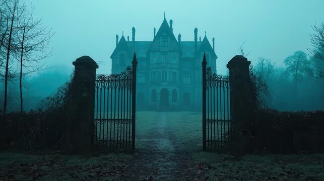 A mysterious old mansion stands behind wrought iron gates in a foggy, eerie landscape surrounded by leafless trees.