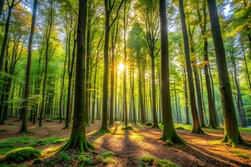 Obraz premium Sunbeams Illuminate Lush Green Forest at Sunrise, Tranquil Nature Scene