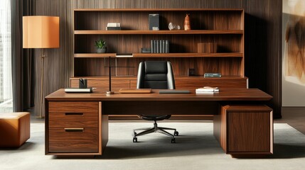 Luxurious wooden office, desk, chair, shelves.