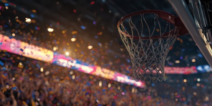 Basketball hoop in stadium with cheering crowd celebrating a victory, generating excitement