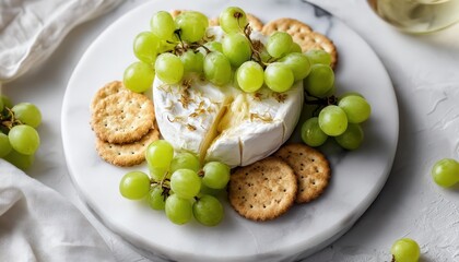 Elegant presentation of brie cheese wheel with green grapes and crackers on a marble plate