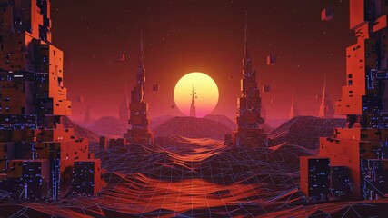 Retro-futuristic cityscape at sunset geometric landscape, with towering structures and floating cubes. - Powered by Adobe