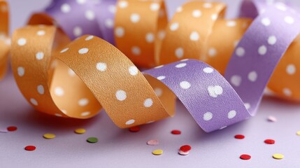 Colorful polka dot ribbons in orange and purple gracefully curl on a pastel background, perfect for crafting and celebrating special occasions.