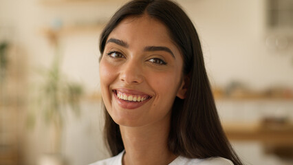 Portrait having fun fooling joyful happy smiling funny Arabian attractive ethnic woman lady...