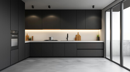 Minimalist kitchen with dark gray cabinets and white countertops, embodying modern simplicity and clean elegance.