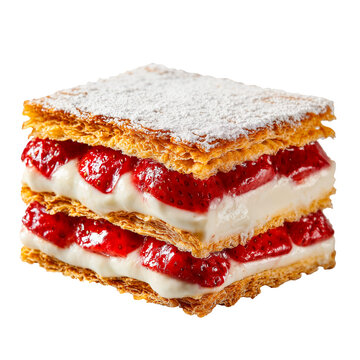 Strawberry mille-feuille pastry with cream filling . Crispy puff pastry layers with fresh strawberries and vanilla cream, dusted with powdered sugar. Isolated on black background.