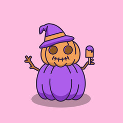 Cute vector illustration of a Halloween pumpkin wearing a witch hat and happily holding a magical ice cream created from a witch's potion.