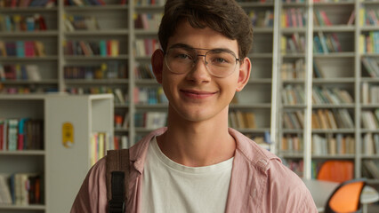 Caucasian concentrated teenager guy looking away thinking holding book smiling look at camera happy...