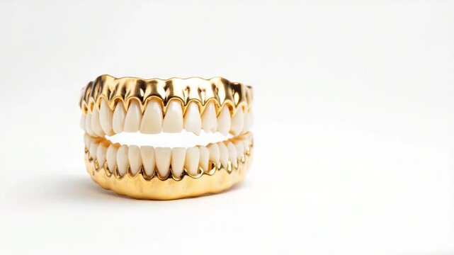 Golden dental grillz displayed against a minimalist background, showcasing intricate design and shine