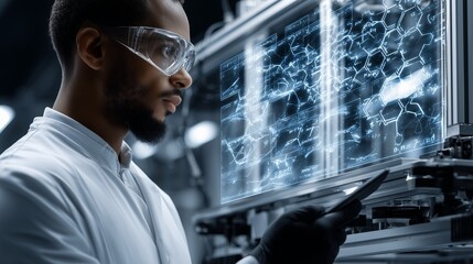 Black scientist analyzing chemical formulas through transparent digital interface, wearing lab coat and protective glasses in cutting edge laboratory setting,Black scientist