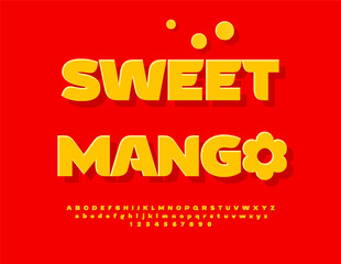 Vector Stylish label Sweet Mango. Yellow Sticker Font. Elegant Uppercase Alphabet Letters and Numbers set