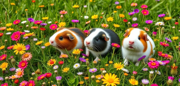 Adorable guinea pigs frolicking amidst vibrant wildflowers on a lush green meadow, forming a continuous pattern,  spring,  fluffy