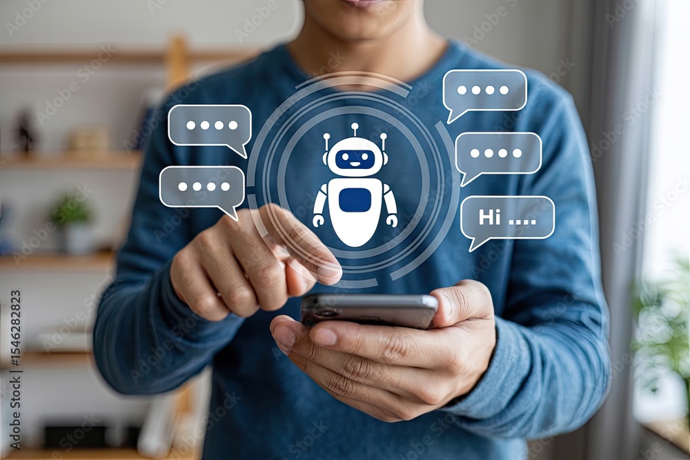 Aufkleber person using smartphone to interact with ai chatbot for customer service or support