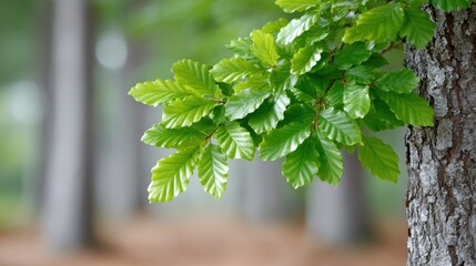 Fototapeta premium Vibrant green leaves glistening in soft light, set against a tranquil forest backdrop. Perfect for nature-themed projects or decor.