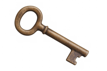 Vintage brass key resting on clear background, symbolizing security, unlocking mysteries, granting access