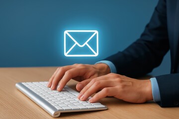 Business Professional Typing on Keyboard with Email Icon Above in Modern Office Setting