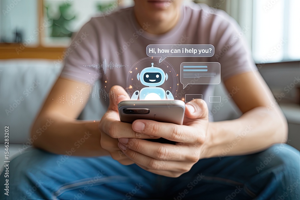 Poster person using smartphone with ai chatbot interface for customer service