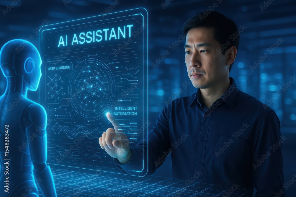 Poster innovative man interacting with holographic ai assistant in a futuristic environment for intelligent