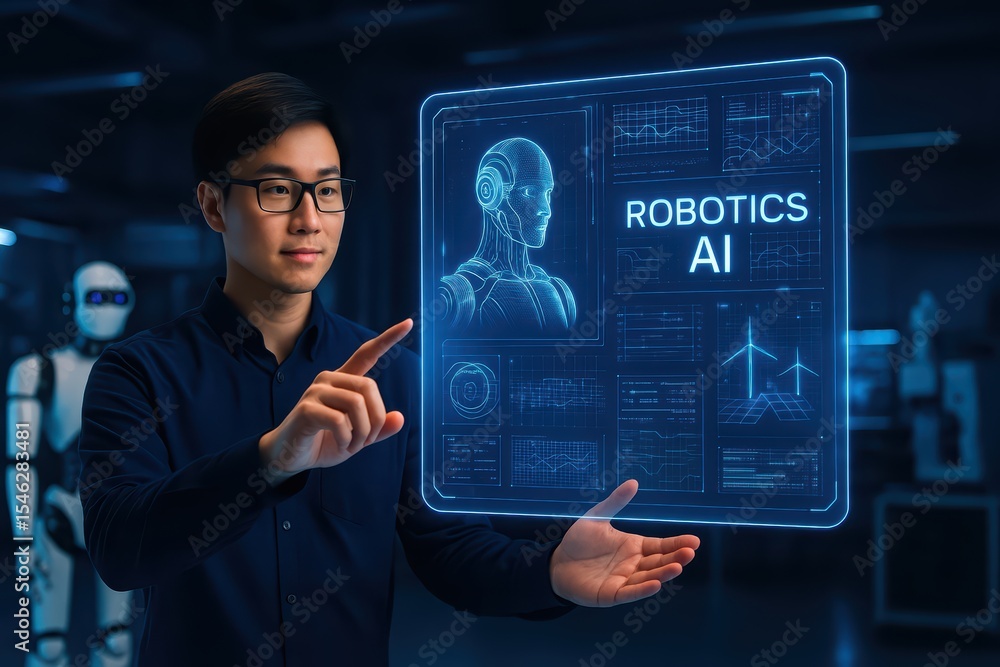 Aufkleber young businessman interacting with futuristic holographic display showcasing robotics and artificial