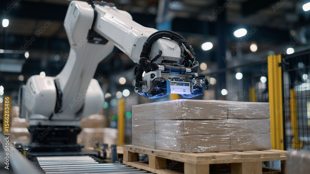 Poster robotic palletizing system stacking freshly packaged bakery goods on pallets with precision, illumin