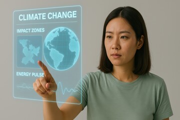 Woman Interacting with Virtual Climate Change Data and Global Impact Zones in Futuristic Environment