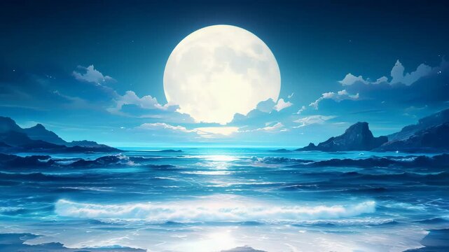 A bright full moon rises over a serene ocean, illuminating gentle waves and distant mountains under a clear night sky.