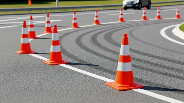Driving safety cones on asphalt road with tire marks. Orange and white traffic cones delineate driving course.  Safety cones indicate driving test area for driver training videos.