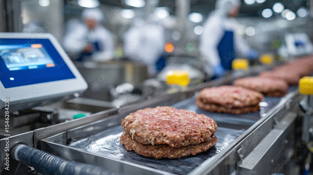 Poster close-up of digital sensors monitoring moisture and freshness of clean label plant-based burgers as 