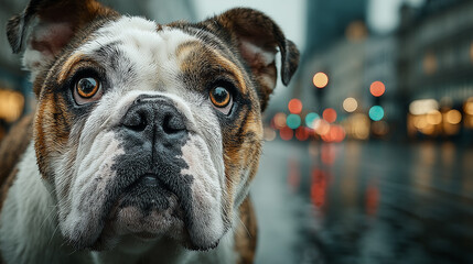 A bulldog with expressive eyes poses in the center of a night city, where blurred lights and reflections create an atmosphere