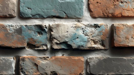 Rough stonework made of uneven bricks with an aged effect, covered with a patina of blue, red and gray shades