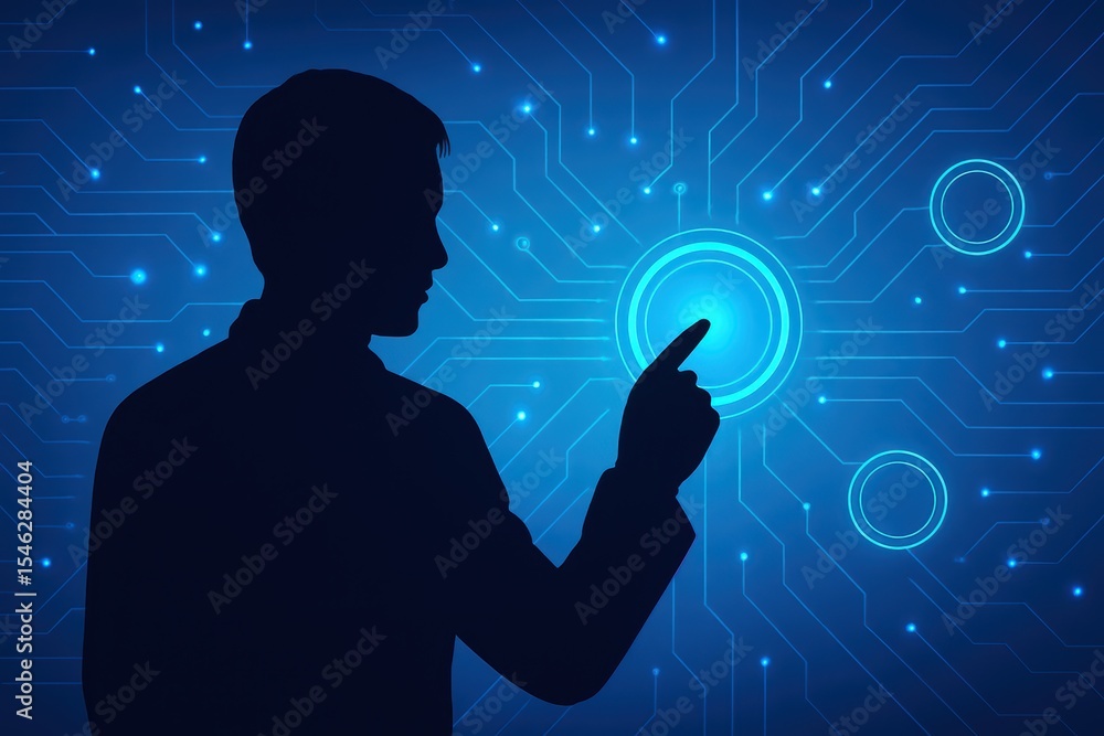 Poster silhouette of a person interacting with a futuristic digital interface against a blue background wit
