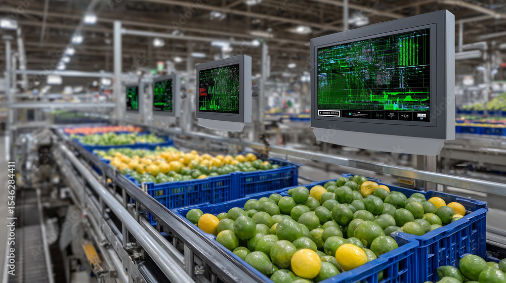 Poster wide shot of a fruit sorting line with ai-powered scanners analyzing size, color, and surface defect