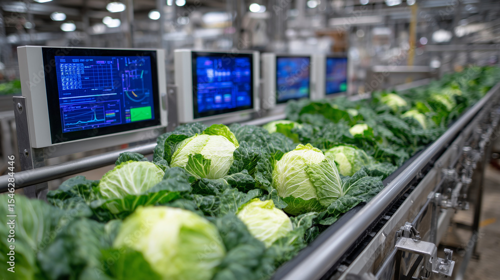 Poster high-resolution imaging sensors detecting freshness and ripeness of green leafy vegetables as they m