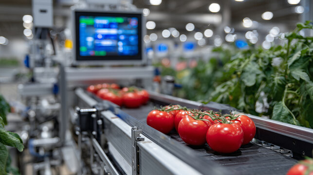 Robotic inspection system using infrared sensors to detect internal defects in tomatoes, with conveyor belts and digital readouts in the background