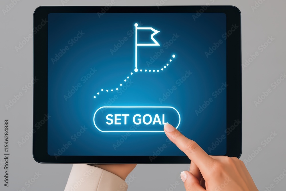 Poster digital tablet with goal setting concept and finger touching button to set goal on blue background