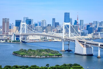 東京都、レインボーブリッジと東京の高層ビル群の俯瞰