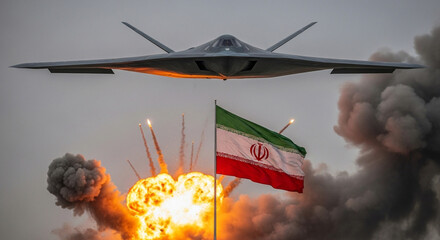 Stealth Bomber Dropping Missiles on Iran Flag Showing Military Aggression
