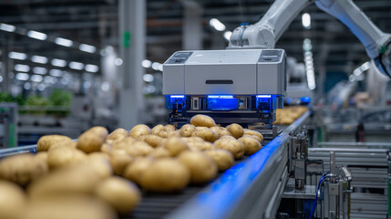 Robotic system with laser scanners detecting size variations and surface blemishes on potatoes, clean industrial environment with bright lighting