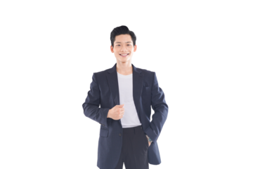 Confident Asian businessman posing with various expressions, professional attire