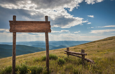Empty Wooden Signpost Standing in Open Prairie with Mountain View