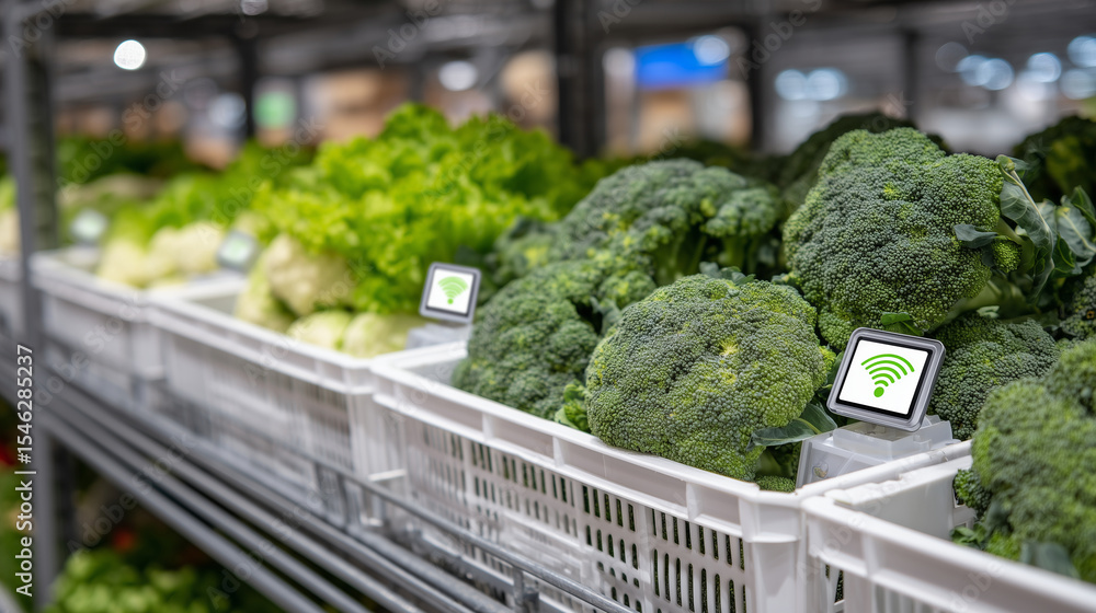 Poster close-up of smart freshness sensors embedded in fresh produce crates, communicating via wireless net